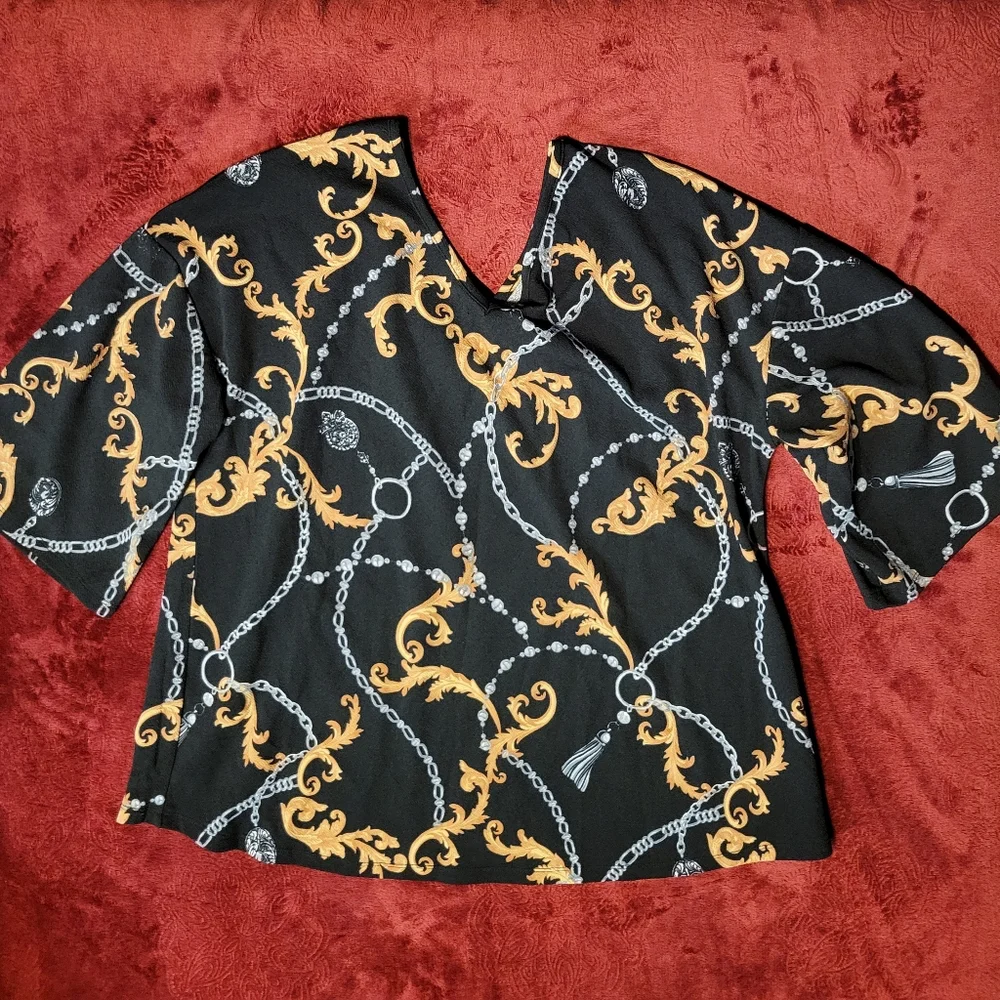 NWOT WOMENS GODDESS TOP BLACK AND GOLD PRINT PLUS SIZE 1X - Picture 4 of 5